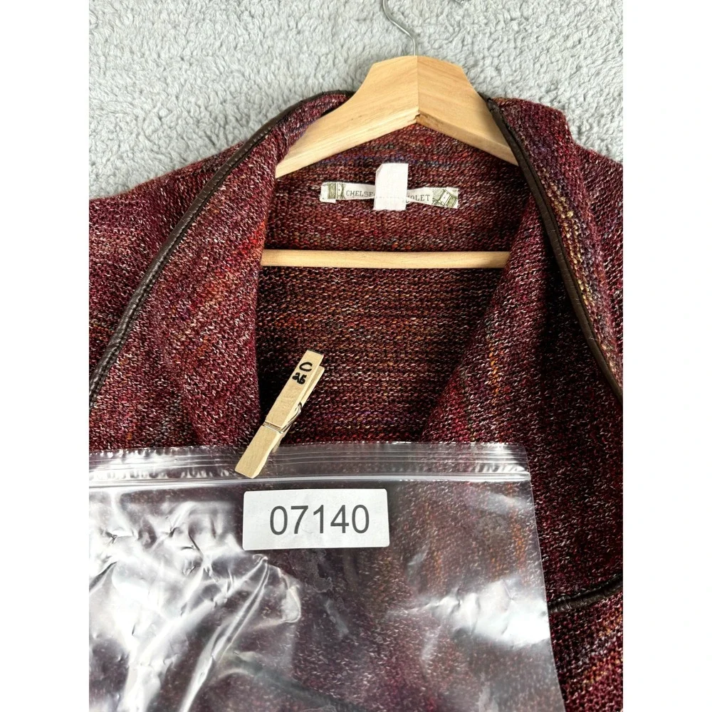 Chelsea & Violet Cardigan Sweater Womens Small Brown Space Dye Faux Leather Trim